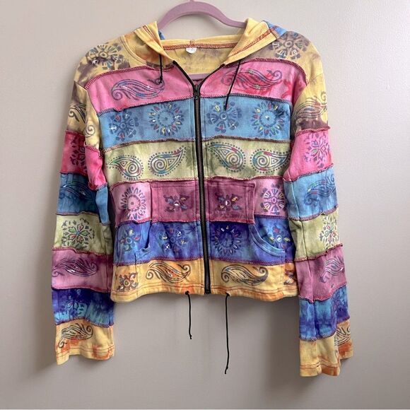 Patchwork colorful hoodie boho sweatshirt Size medium - Picture 1 of 4